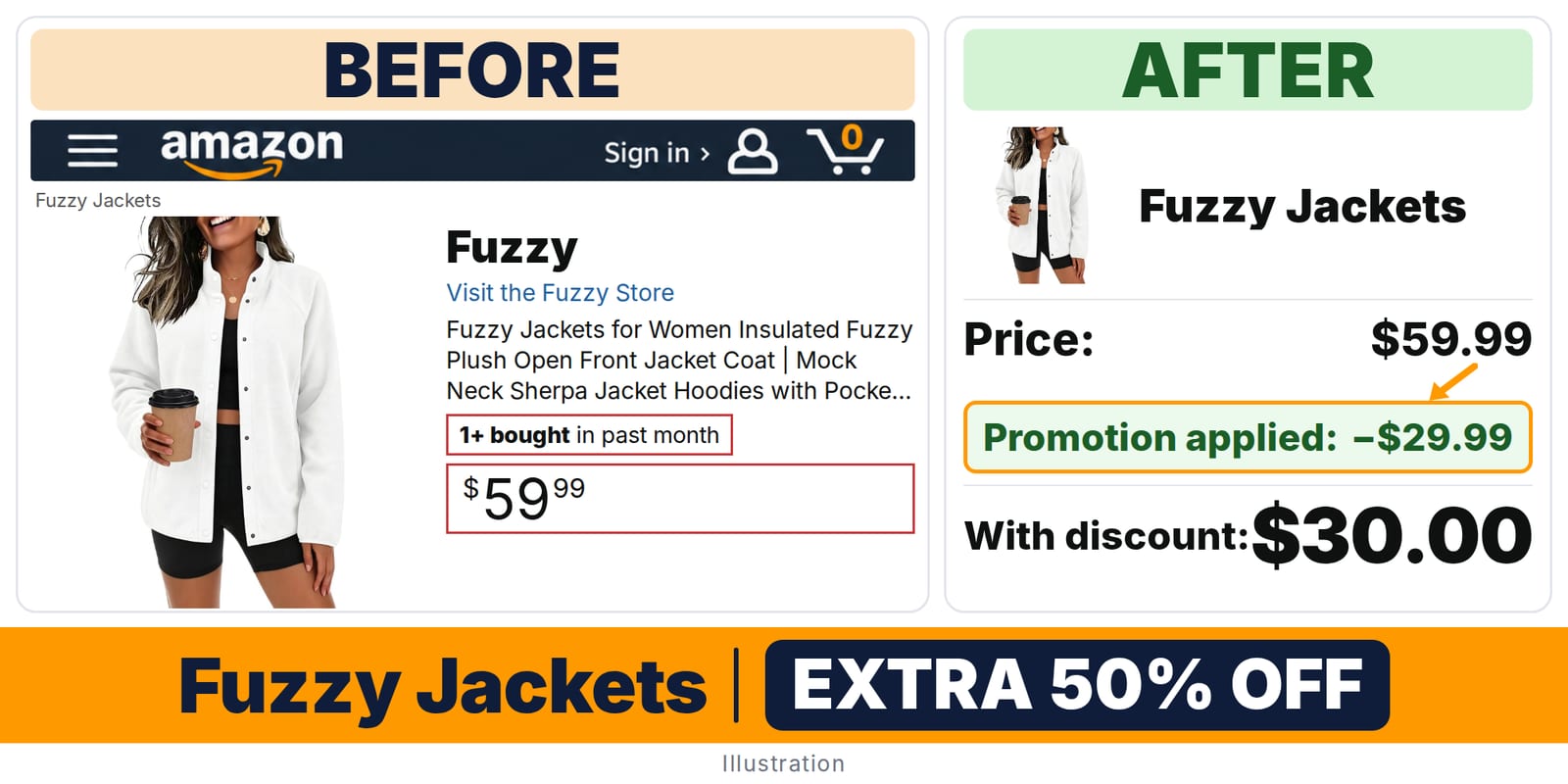 yakyamgi Fuzzy Jackets A011-white deal: before and after – promo code UBBE9ANO, 50% off on Amazon