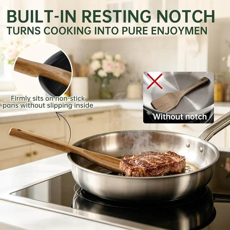 Fyctio 2 Pack Wooden Spatula Spoon – One-piece solid wood construction