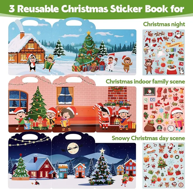 Fyguard 3Pcs Christmas Reusable Sticker Books – Travel Friendly Fun