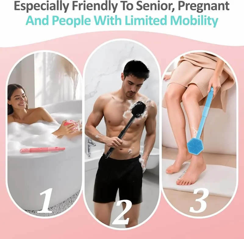 GEENOA Silicone Back Scrubber 3-Length – Straight Handle & Anti-slip Comfort Handle Grip
