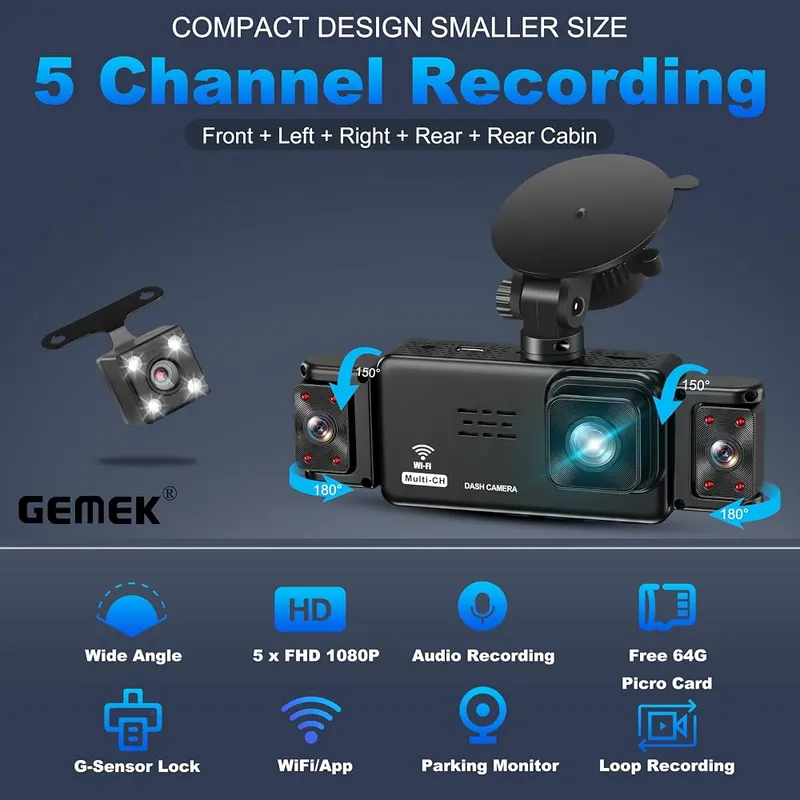 GEMEK 5 Channel Dash Cam 360° View Black – Front, rear, cabin, left and right views