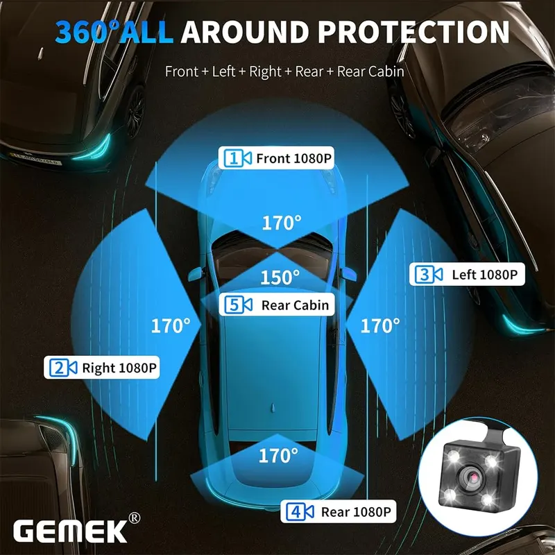 GEMEK 5 Channel Dash Cam 360° View Black – 64GB TF card included