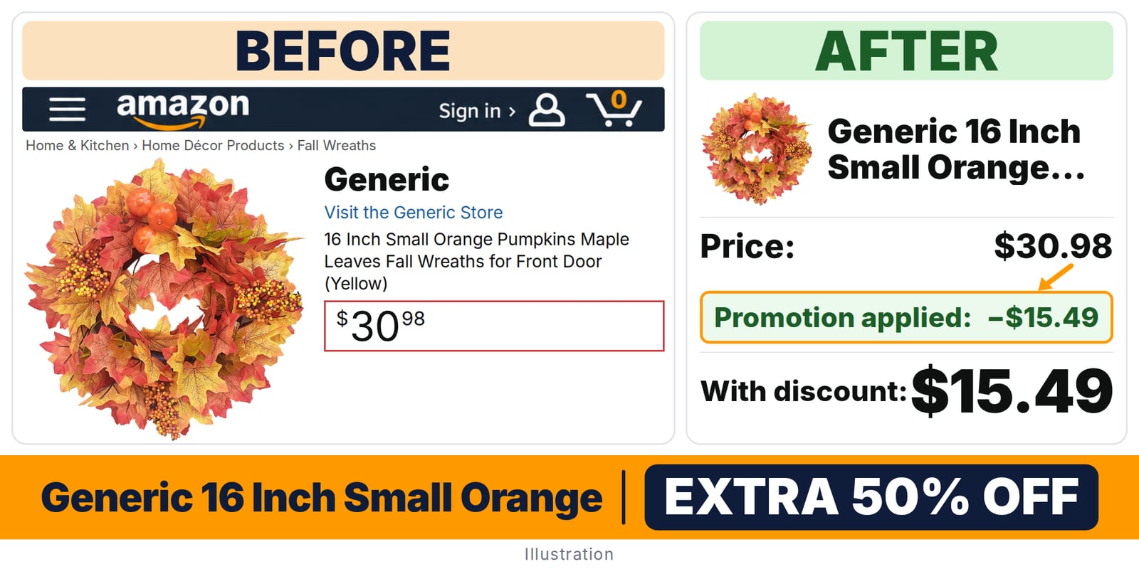 Generic 16 Inch Small Orange Pumpkins Maple deal: before and after – promo code OUGEL8OE, 50% off on Amazon