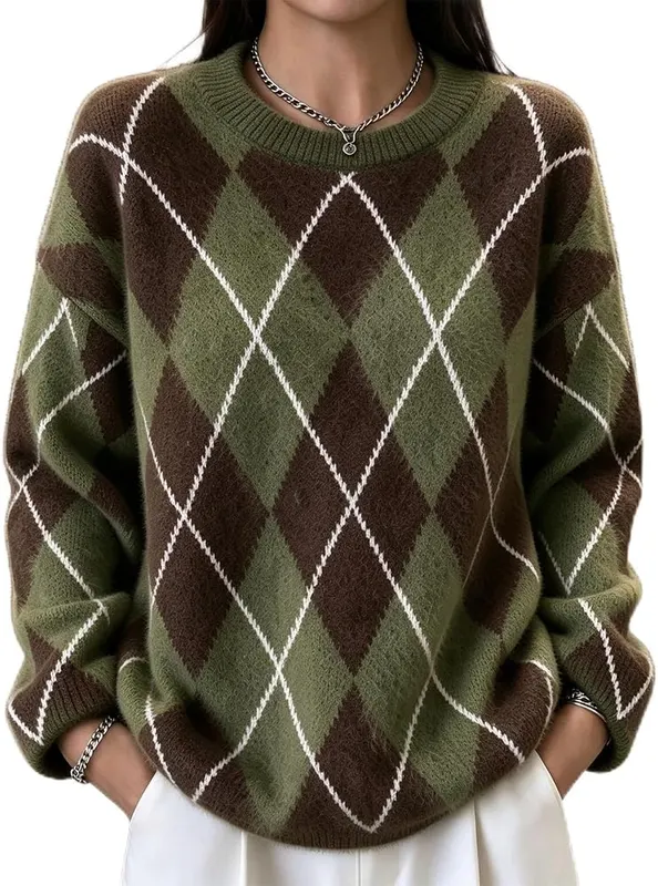 Generic Argyle Sweater D09 Army Green Large in D09 Army Green