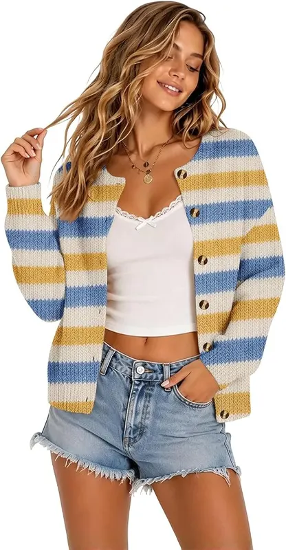 Generic Cardigan Women Striped Rainbow Cute Button – Cute Rainbow Striped Pattern