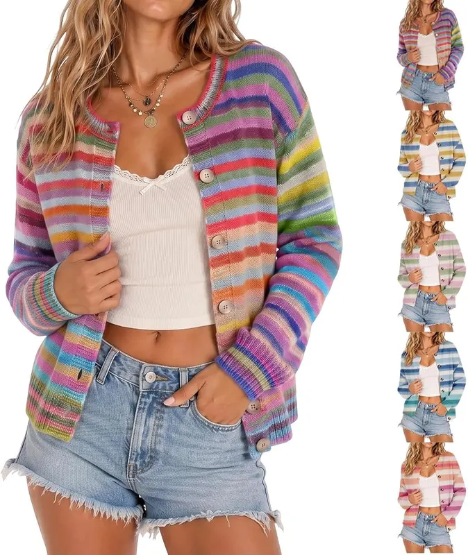 Generic Cardigans for Women Button Down Rainbow D01 Light Purple in D01 Light Purple