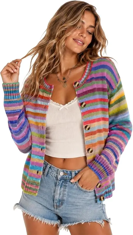 Generic Cardigans for Women Button Down Rainbow D01 Light Purple – Soft & Lightweight Knit Fabric