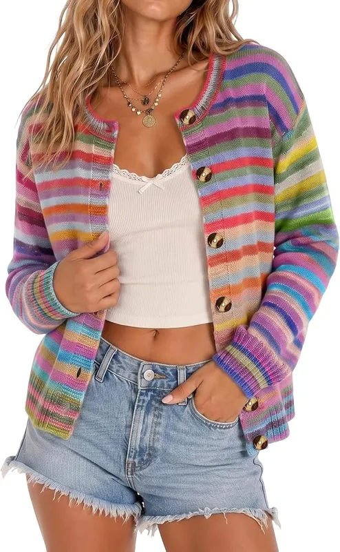 Generic Cardigans for Women Button Down Rainbow D01 Light Purple – Cute Rainbow Striped Pattern