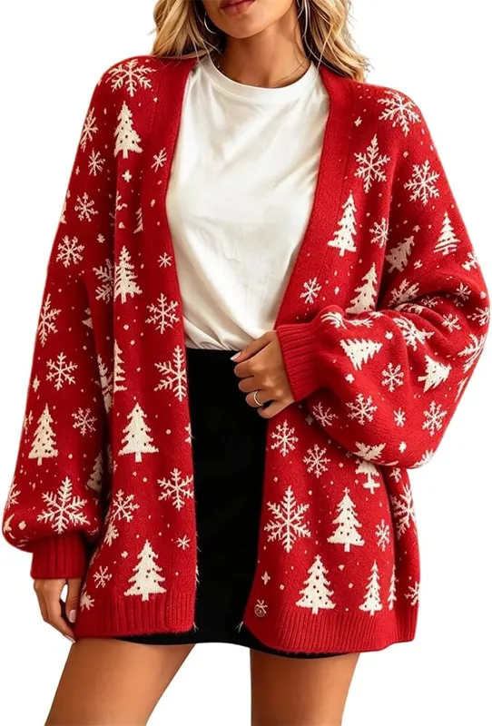 Generic Christmas Cardigan A10-blue – Festive Santa Pattern & Ribbed Details
