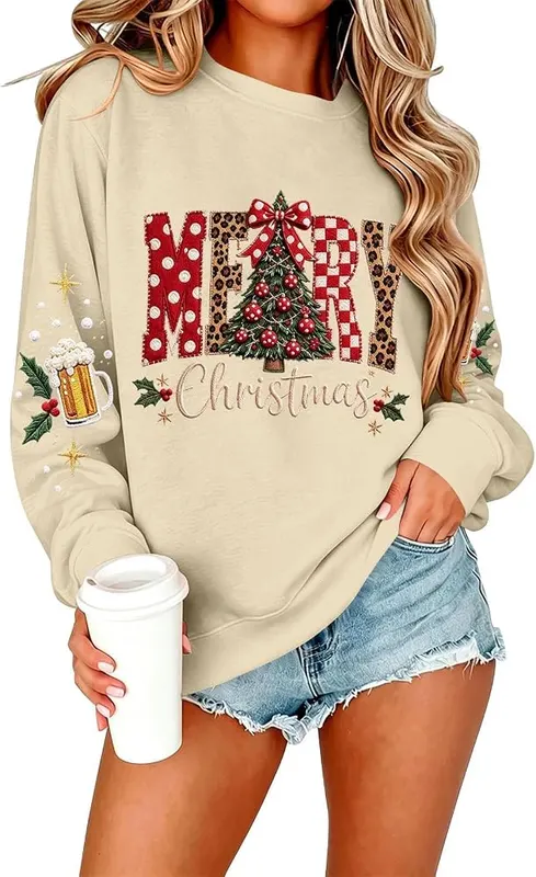 Generic Christmas Tops A001beige – Festive Christmas tree print design