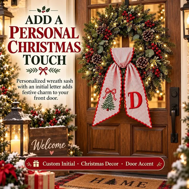 Generic Christmas Wreath Sash #a – Available in personalized letter variant options