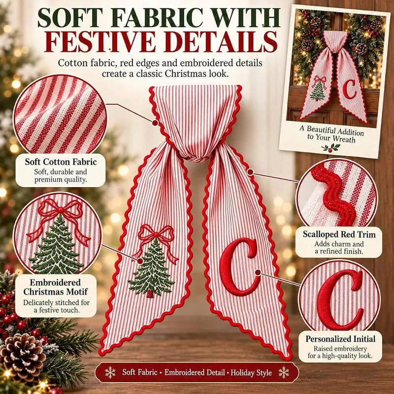 Generic Christmas Wreath Sash #a – Designed with decorative scalloped edges