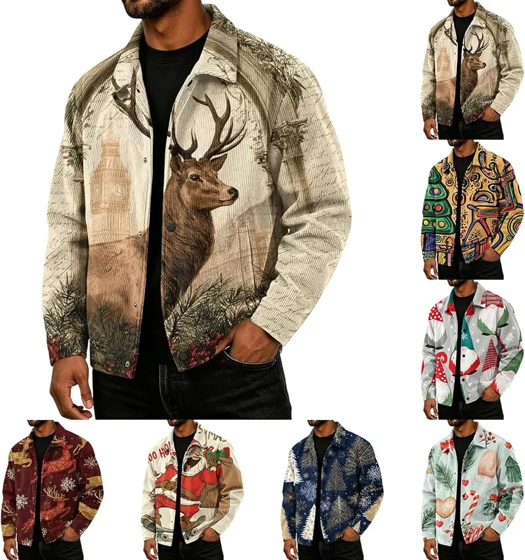 Generic Corduroy Jacket Men Christmas Graphic Snap in A003beige