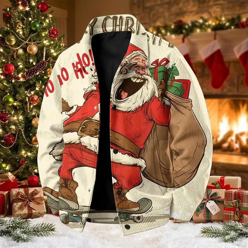 Generic Corduroy Jacket Men Christmas Graphic Snap – classic turn down collar style