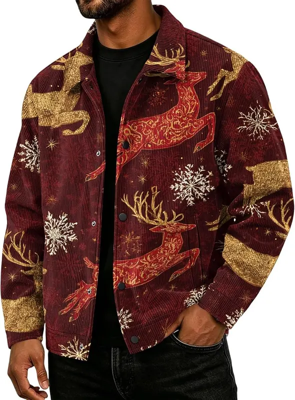 Generic Corduroy Jacket Men Christmas Print Vintage A006red 3X-Large – Ribbed corduroy fabric structure