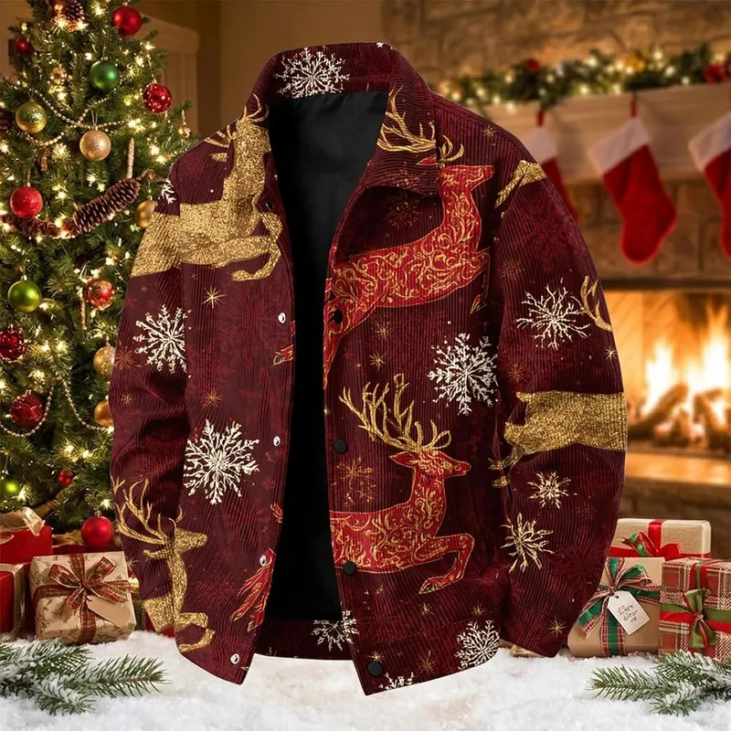 Generic Corduroy Jacket Men Christmas Print Vintage A006red 3X-Large – Festive holiday print details