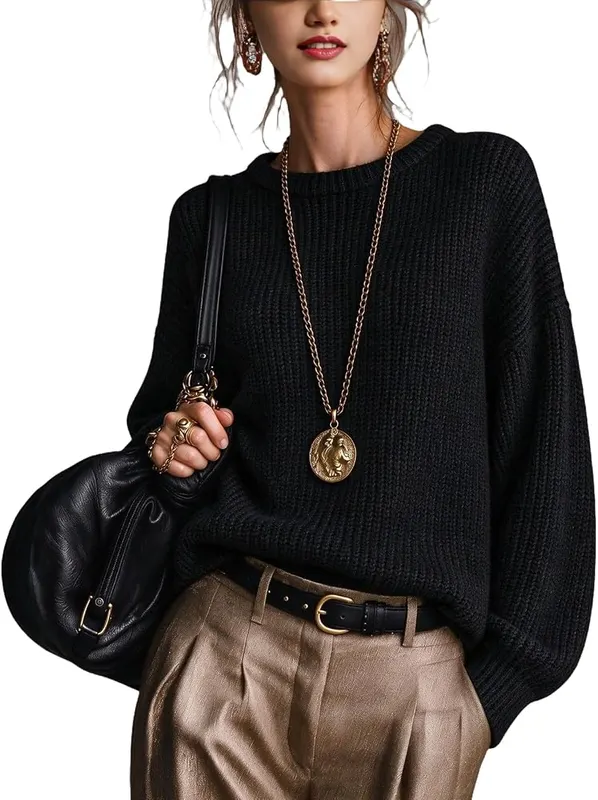 Generic Crew Neck Sweater Women Oversized Chunky A002-black in A002-black