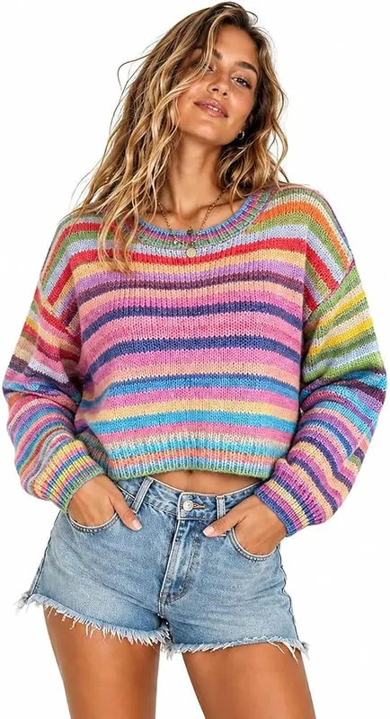 Generic Crop Top Sweaters – Rainbow Striped Design