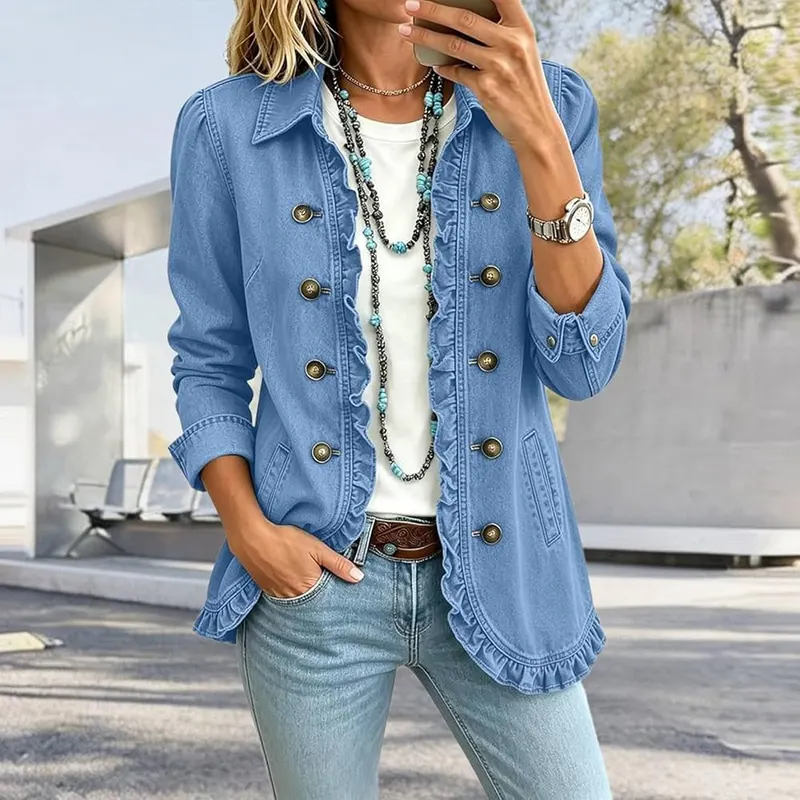 Generic Denim Jacket #Navy – Feminine ruffle trim details