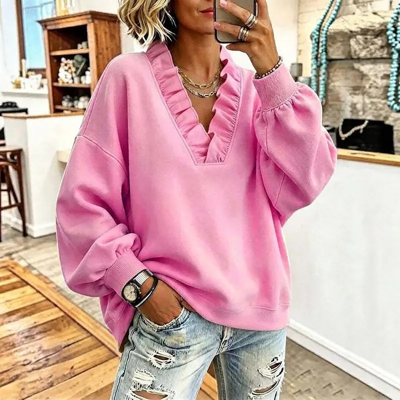 Generic Fall Sweatshirts Pink – Stylish ruffle V-neck