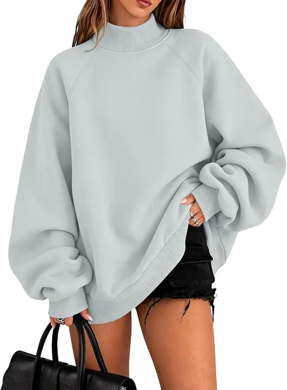 Generic Fleece Pullover Women Oversized Mock Neck A004-gray in A004-gray