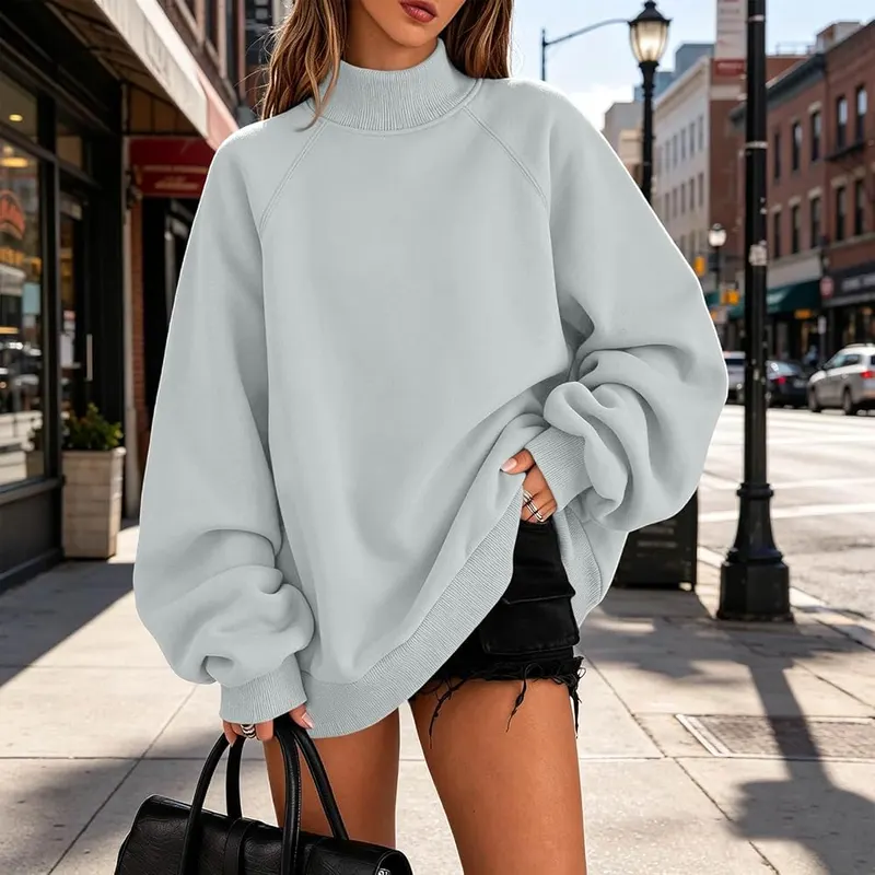 Generic Fleece Pullover Women Oversized Mock Neck A004-gray – Fall Casual