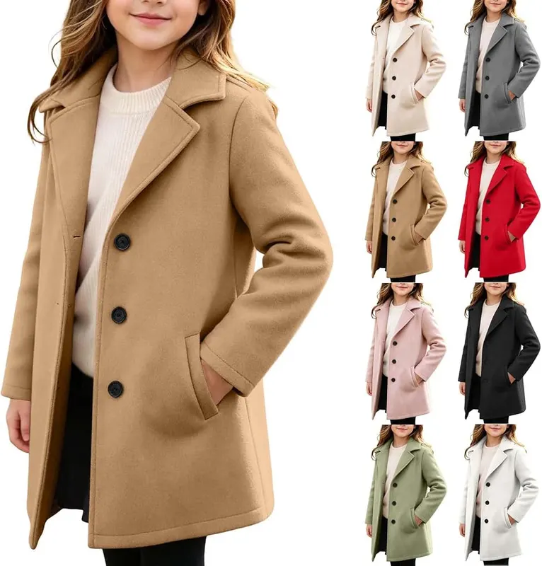 Generic Girls Winter Coat Kids Wool Trench in A01 Brown