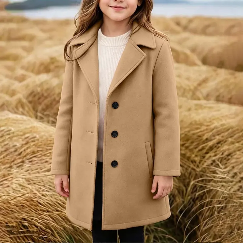 Generic Girls Winter Coat Kids Wool Trench – Simple single-breasted button closure