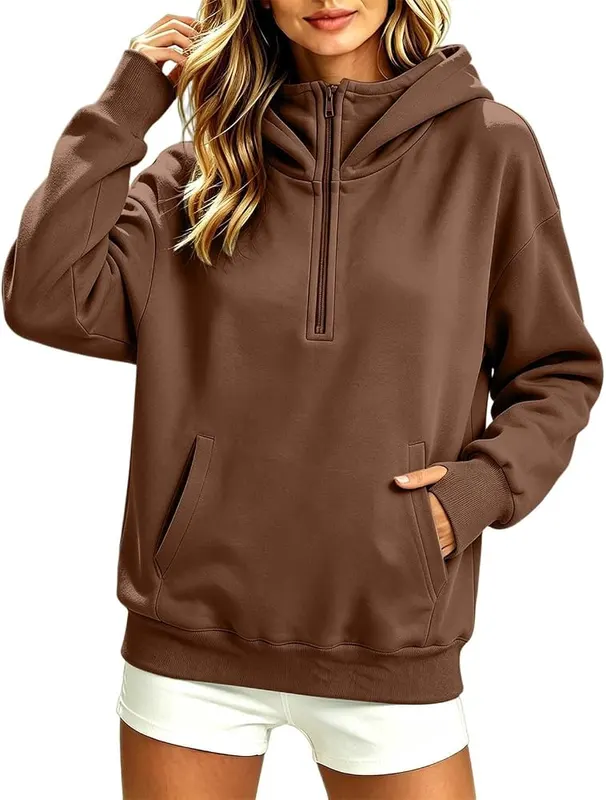 Generic Half Zip Pullover Women Long Sleeve A005-coffee in A005-coffee