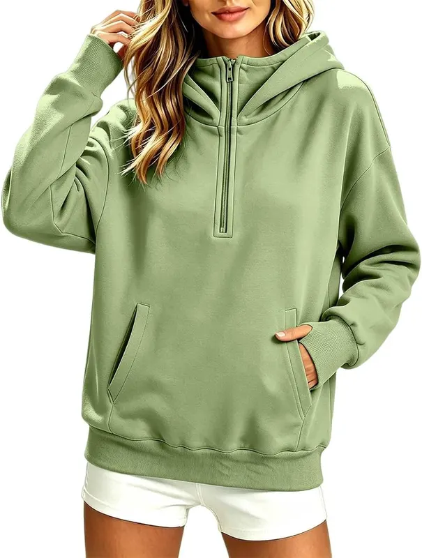 Generic Half Zip Pullover Women Long Sleeve A009-light Green in A009-light Green
