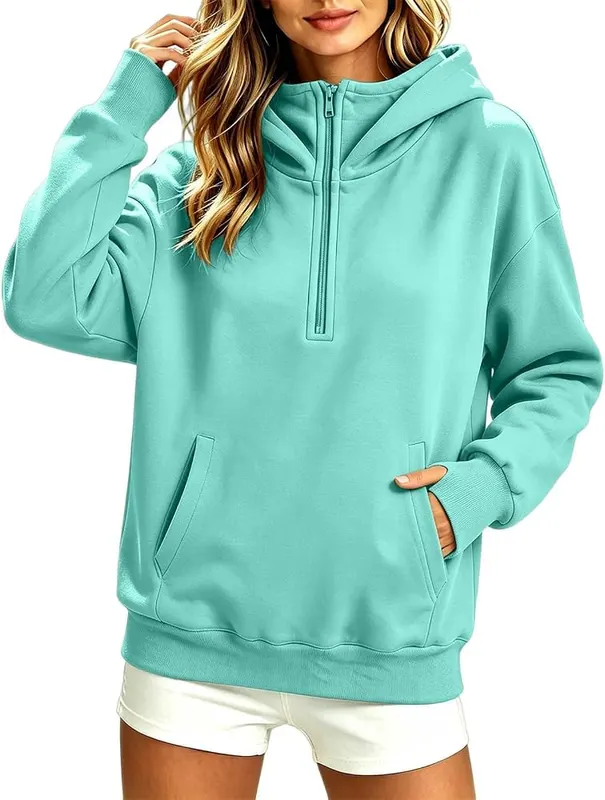 Generic Half Zip Pullover Women Oversized Long A006-cyan in A006-cyan