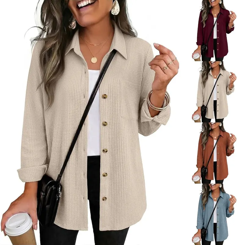 Generic Jacket Women Waffle Knit Button Down in B001-khaki