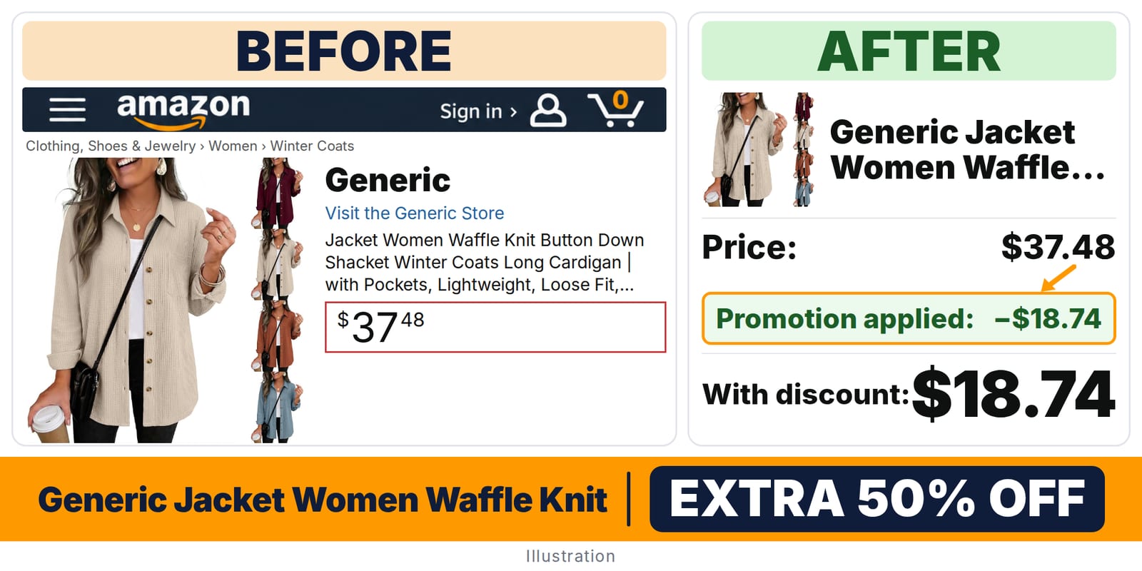 Generic Jacket Women Waffle Knit Button Down deal: before and after – promo code XWQEHMTZ, 50% off on Amazon