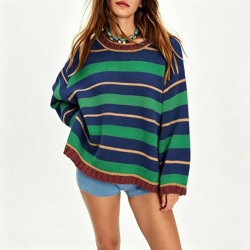 Generic Knit Sweater Y2K A001-green – Striped Pattern