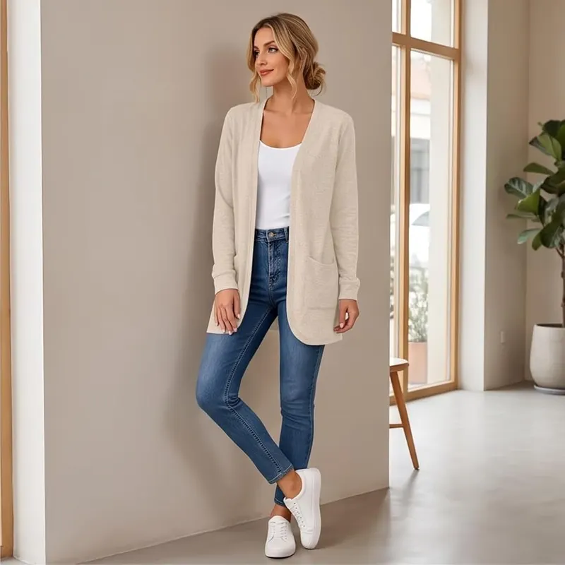 Generic Long Cardigans D01 Beige – Long Sleeve & Curved Hem Details