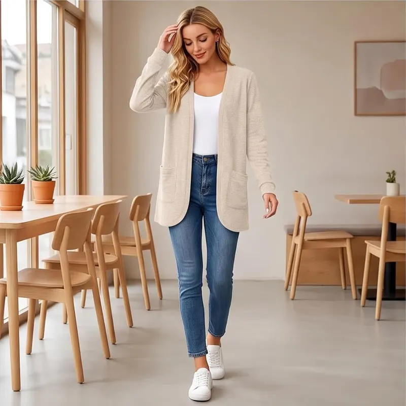 Generic Long Cardigans D01 Beige – Open Front Long Cardigan Silhouette