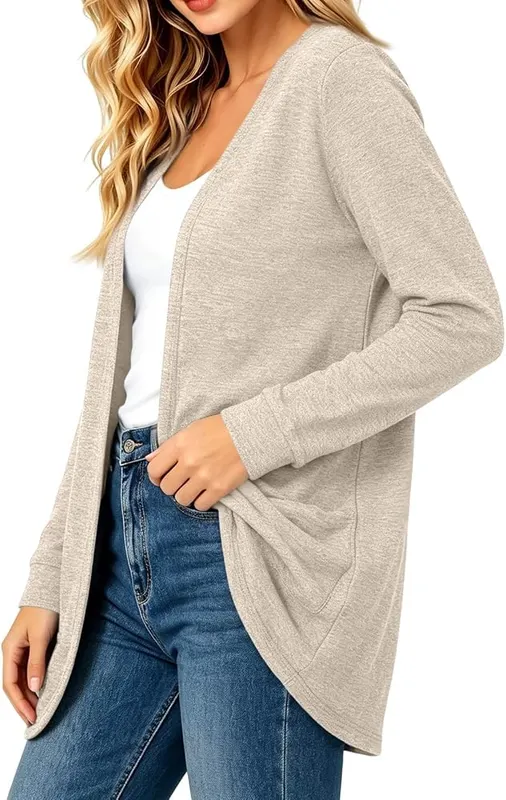 Generic Long Cardigans D01 Beige – Functional Side Patch Pockets