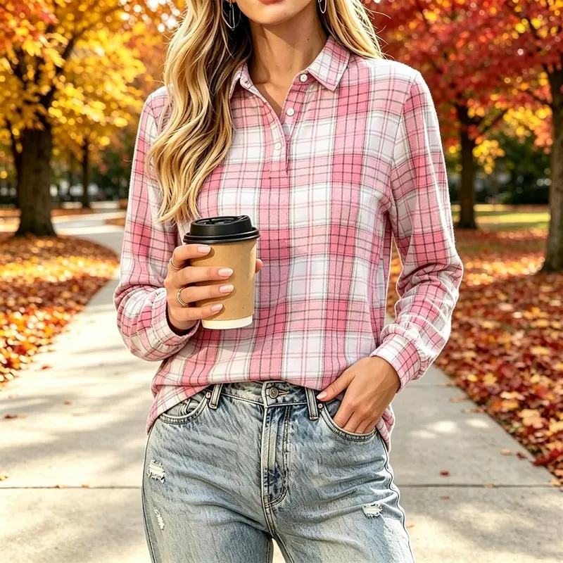 Generic Long Sleeve Henley Shirts Y2K A009pink – Preppy lapel collar detail