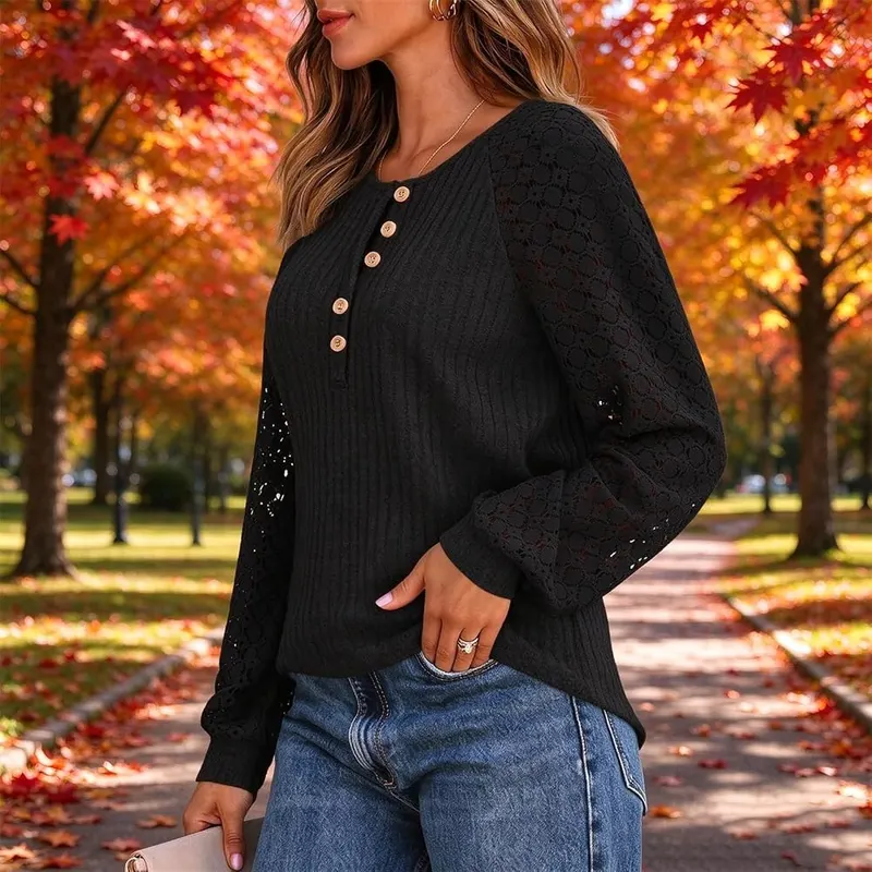 Generic Long Sleeve Oversized Shirts A002black Small – Adjustable buttoned Henley neckline
