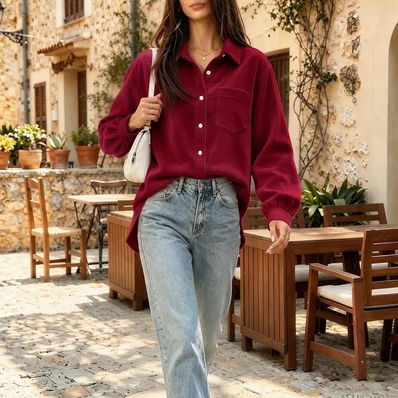 Generic Long Sleeve Oversized Shirts A008wine Medium – ccasion