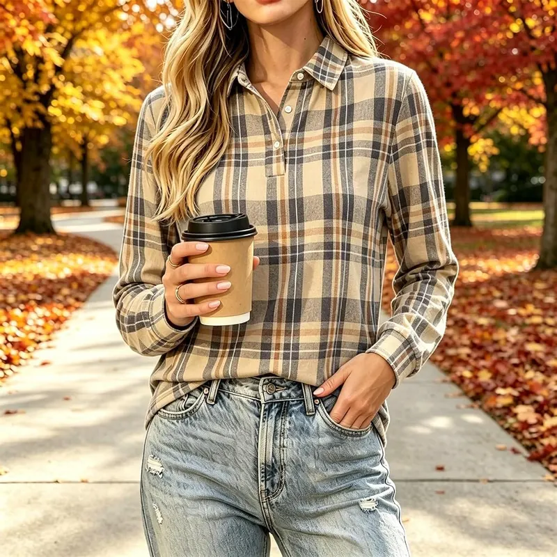 Generic Long Sleeve Polo Shirts A005khaki 3X-Large – Varsity buffalo check pattern