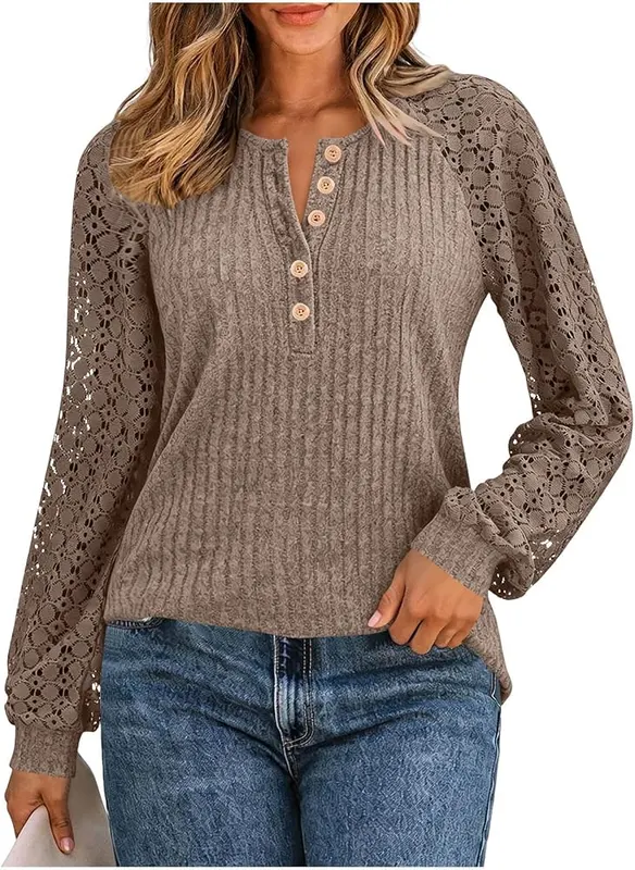 Generic Loose Long Sleeve Shirts A001light Brown X-Large – Ribbed knit fabric with gentle stretch