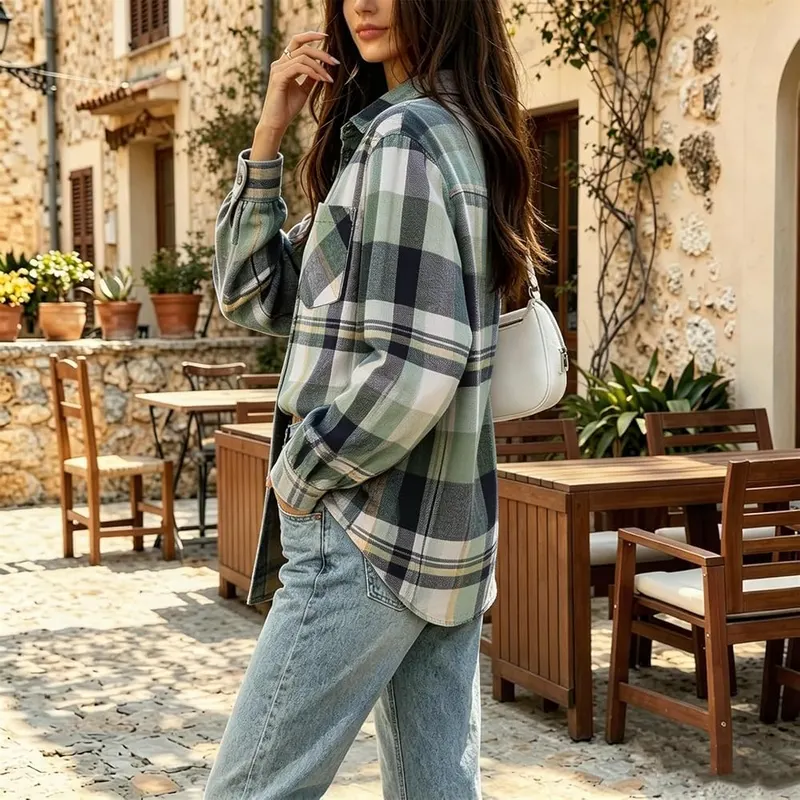 Generic Loose Long Sleeve Shirts A007mint Green – Timeless buffalo plaid and tartan pattern