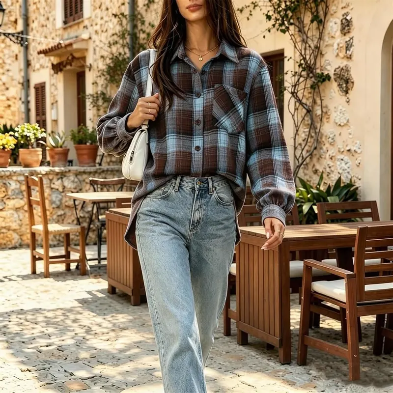 Generic Loose Long Sleeve Shirts A012sky Blue – Timeless buffalo plaid pattern