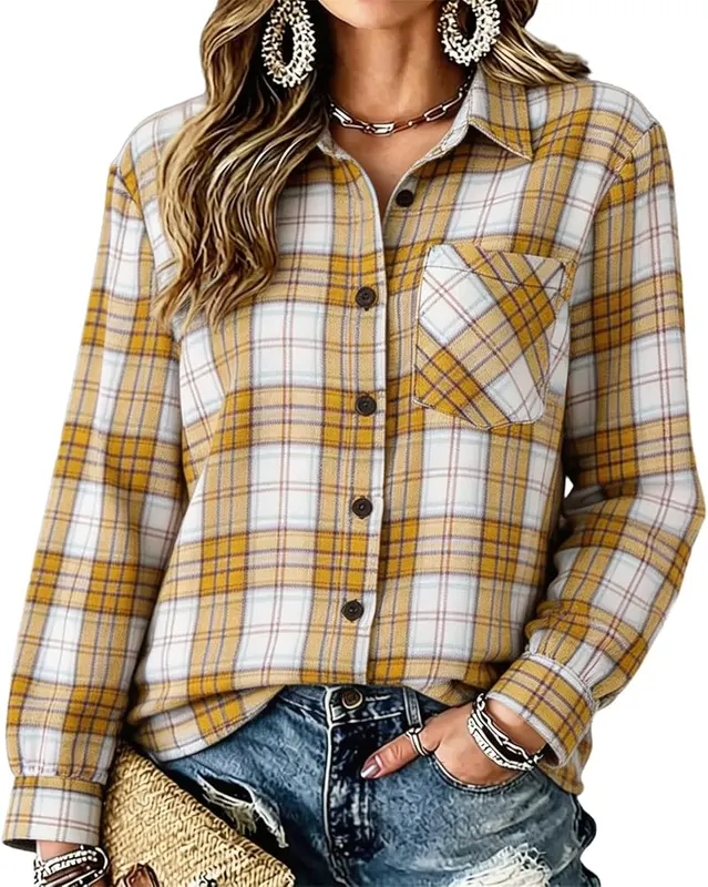 Generic Loose Long Sleeve Shirts A014yellow – Lightweight tartan cruise jacket style