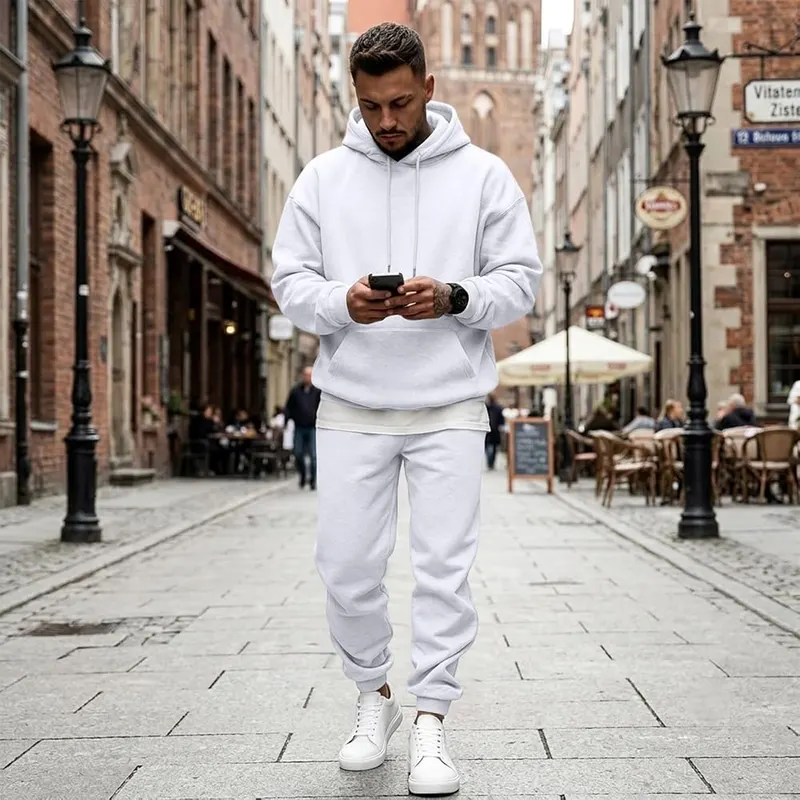 Generic Men Jogging Suits Sets Hooded Sweatshirt I015- White – Complete two piece matching outfit