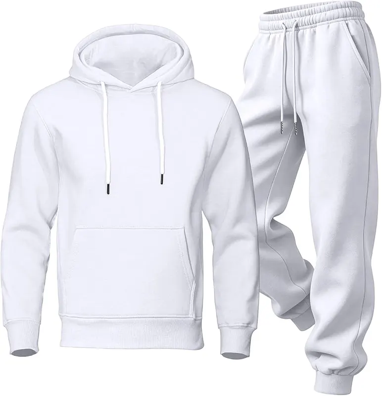 Generic Men Jogging Suits Sets Hooded Sweatshirt I015- White – Convenient front kangaroo pocket