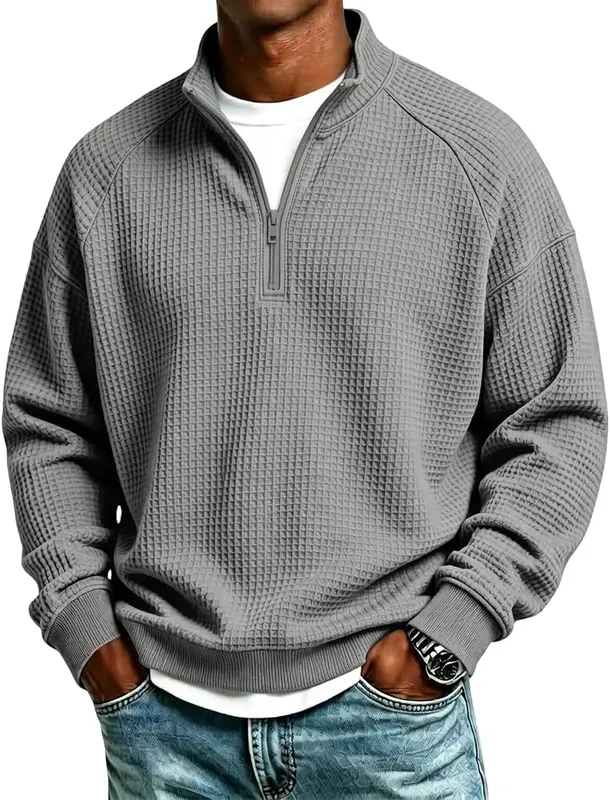 Generic Men Quarter Zip Pullover Waffle Knit in A001- Gray