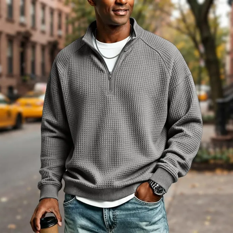 Generic Men Quarter Zip Pullover Waffle Knit – product photo 2 of 5