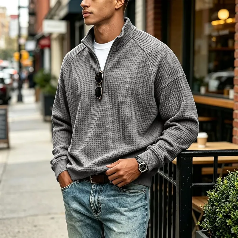 Generic Men Quarter Zip Pullover Waffle Knit – product photo 3 of 5
